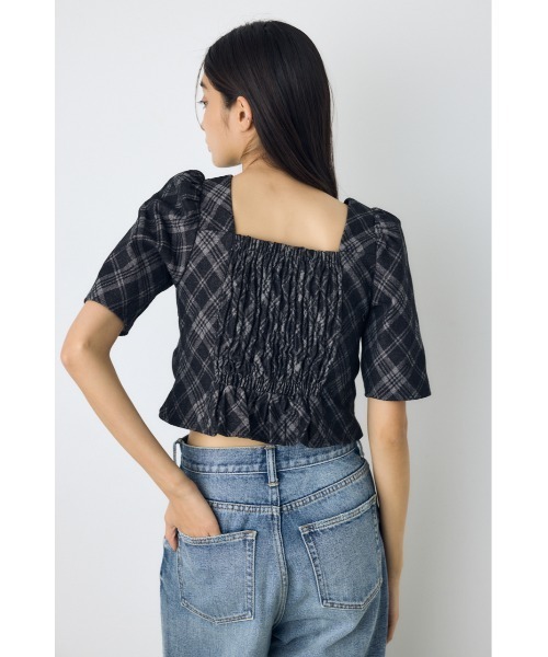 AZUL by moussy(アズールバイマウジー)の「【セットアップ対応】フロントギャザーデニムチェックブラウス 秋服 冬服 春服 デニムブラウス スクエアネック(シャツ/ブラウス・レディース・ブルー/ブラック・FREE)」の6枚目の写真