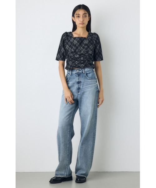 AZUL by moussy(アズールバイマウジー)の「【セットアップ対応】フロントギャザーデニムチェックブラウス 秋服 冬服 春服 デニムブラウス スクエアネック(シャツ/ブラウス・レディース・ブルー/ブラック・FREE)」の7枚目の写真