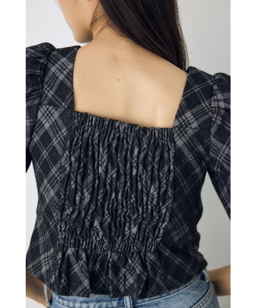AZUL by moussy(アズールバイマウジー)の「【セットアップ対応】フロントギャザーデニムチェックブラウス 秋服 冬服 春服 デニムブラウス スクエアネック(シャツ/ブラウス・レディース・ブルー/ブラック・FREE)」の9枚目の写真