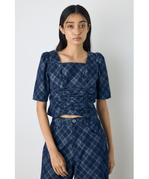 AZUL by moussy(アズールバイマウジー)の「【セットアップ対応】フロントギャザーデニムチェックブラウス 秋服 冬服 春服 デニムブラウス スクエアネック(シャツ/ブラウス・レディース・ブルー/ブラック・FREE)」の12枚目の写真