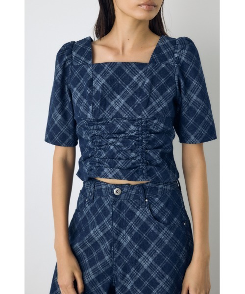 AZUL by moussy(アズールバイマウジー)の「【セットアップ対応】フロントギャザーデニムチェックブラウス 秋服 冬服 春服 デニムブラウス スクエアネック(シャツ/ブラウス・レディース・ブルー/ブラック・FREE)」の13枚目の写真