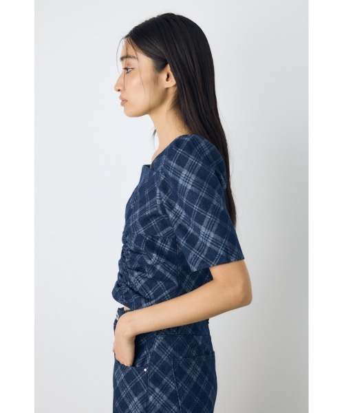 AZUL by moussy(アズールバイマウジー)の「【セットアップ対応】フロントギャザーデニムチェックブラウス 秋服 冬服 春服 デニムブラウス スクエアネック(シャツ/ブラウス・レディース・ブルー/ブラック・FREE)」の14枚目の写真
