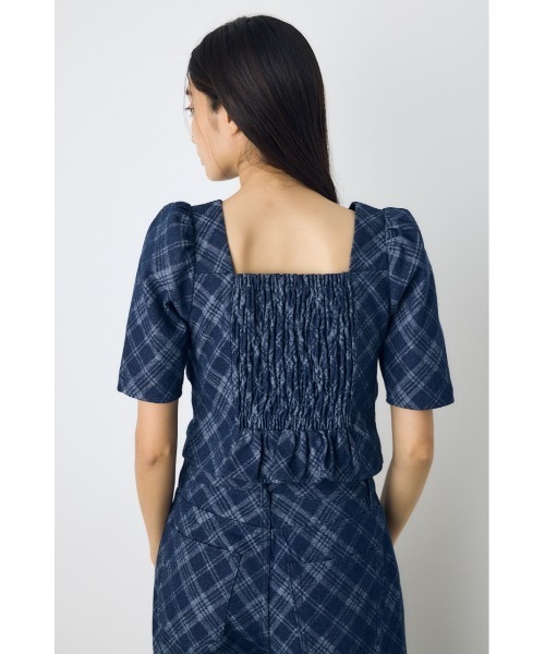 AZUL by moussy(アズールバイマウジー)の「【セットアップ対応】フロントギャザーデニムチェックブラウス 秋服 冬服 春服 デニムブラウス スクエアネック(シャツ/ブラウス・レディース・ブルー/ブラック・FREE)」の15枚目の写真