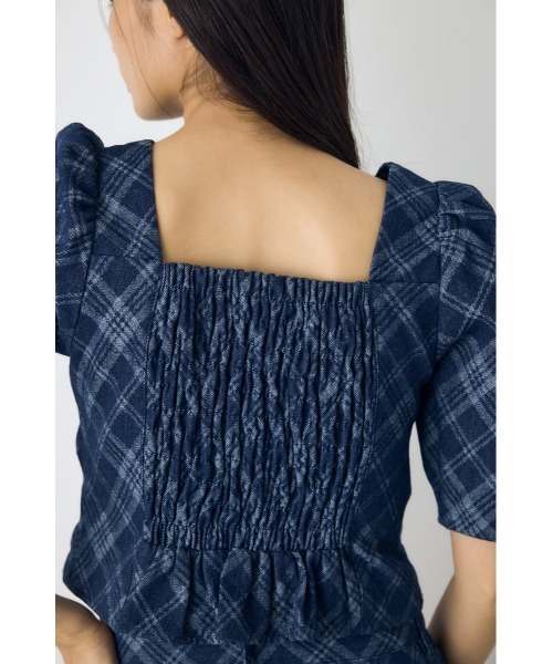 AZUL by moussy(アズールバイマウジー)の「【セットアップ対応】フロントギャザーデニムチェックブラウス 秋服 冬服 春服 デニムブラウス スクエアネック(シャツ/ブラウス・レディース・ブルー/ブラック・FREE)」の18枚目の写真