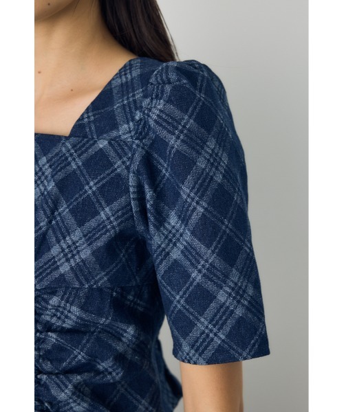AZUL by moussy(アズールバイマウジー)の「【セットアップ対応】フロントギャザーデニムチェックブラウス 秋服 冬服 春服 デニムブラウス スクエアネック(シャツ/ブラウス・レディース・ブルー/ブラック・FREE)」の19枚目の写真