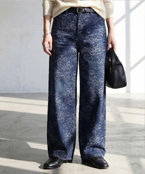 SELECT LEVERY(セレクトリベリー)の「ジャガード花柄ワイドパンツ(デニムパンツ・レディース・ネイビー/キナリ・LARGE/MEDIUM/X-LARGE)」の18枚目の写真