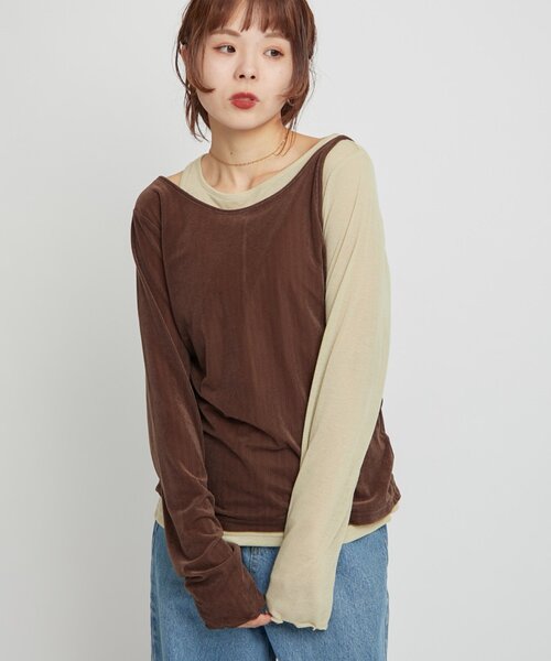 WILLOW(ウィロー)の「【willow】シアーリブベロアレイヤードトップス(Tシャツ/カットソー・レディース・ブラウン/アイボリー・ONE SIZE)」の2枚目の写真