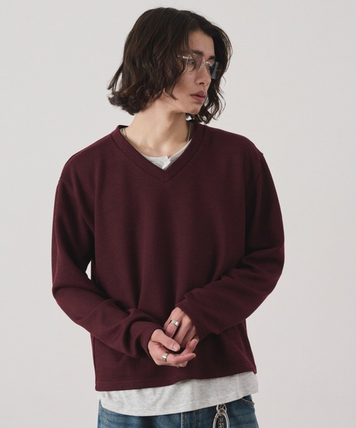 WEGO(ウィゴー)の「WEGO/【26年秋冬新作】ヘンリーレイヤードVネックニット(ニット/セーター・メンズ・ワイン/ブラック・FREE)」の14枚目の写真