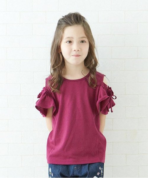 apres les cours（アプレレクール）の「2WAYオフショルダーTシャツ（Tシャツ/カットソー・キッズ・オレンジ/レッド/グレー・110/130/80/90/120/140/100）」の2枚目の写真