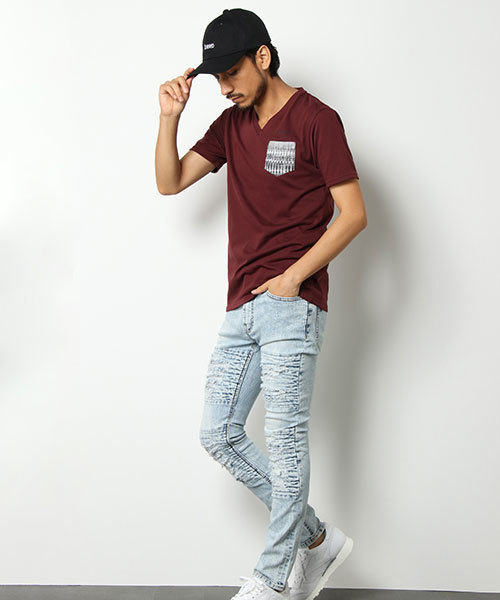 VENCEEXCHANGE（ヴァンスエクスチェンジ）の「デニムダメージバイカー風スキニー（デニムパンツ・メンズ・ライトブルー/ブラック/ベージュ・S/M/L）」の8枚目の写真