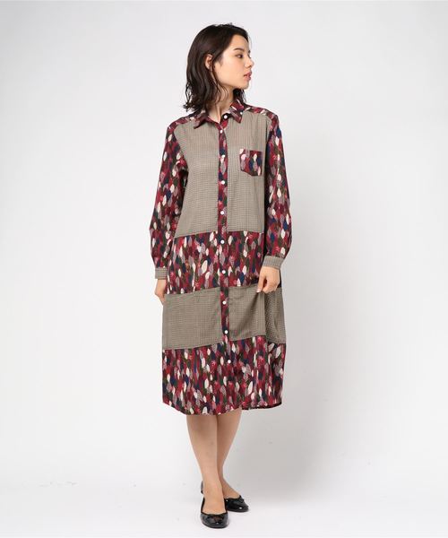 Sandy サンディー の リーフ柄xチェック柄パッチワークシャツワンピース ワンピース Wear