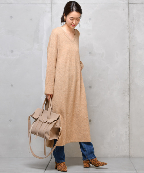 DouDou（ドゥドゥ）の「ストレッチニットワンピース（ワンピース・レディース・ベージュ/ネイビー/レッド/モカ・FREE）」の3枚目の写真