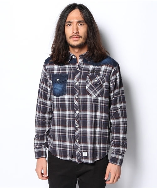 VENCEEXCHANGE（ヴァンスエクスチェンジ）の「M チェック×デニムシャツLS（シャツ/ブラウス・メンズ・ネイビー/レッド・SMALL/LARGE/MEDIUM）」の3枚目の写真