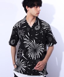 総柄シャツ ファイヤー柄 シャツ 開襟シャツ