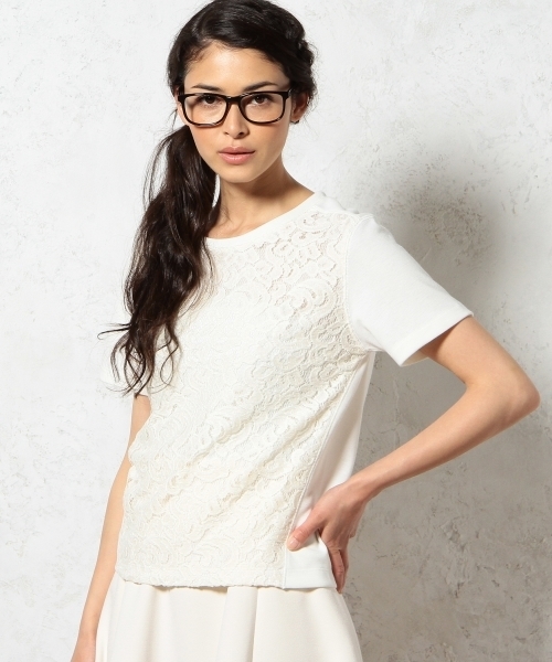 green label relaxing（グリーンレーベルリラクシング）の「GC N/Cレースキリカエ S/S POカットソー ◆（Tシャツ/カットソー・レディース・ホワイト/ブラック/オレンジ・フリー）」の2枚目の写真