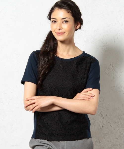 green label relaxing（グリーンレーベルリラクシング）の「GC N/Cレースキリカエ S/S POカットソー ◆（Tシャツ/カットソー・レディース・ホワイト/ブラック/オレンジ・フリー）」の3枚目の写真