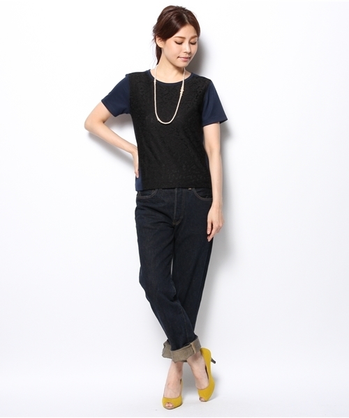 green label relaxing（グリーンレーベルリラクシング）の「GC N/Cレースキリカエ S/S POカットソー ◆（Tシャツ/カットソー・レディース・ホワイト/ブラック/オレンジ・フリー）」の12枚目の写真