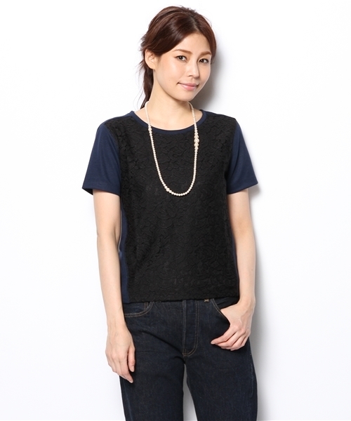 green label relaxing（グリーンレーベルリラクシング）の「GC N/Cレースキリカエ S/S POカットソー ◆（Tシャツ/カットソー・レディース・ホワイト/ブラック/オレンジ・フリー）」の5枚目の写真