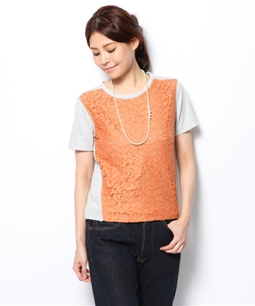 green label relaxing（グリーンレーベルリラクシング）の「GC N/Cレースキリカエ S/S POカットソー ◆（Tシャツ/カットソー・レディース・ホワイト/ブラック/オレンジ・フリー）」の6枚目の写真