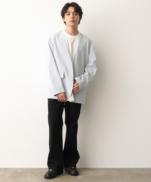 JUNRED（ジュンレッド）の「テクスチャーTRルーズノーカラーJKT（ノーカラージャケット・メンズ・ダークブラウン/ベージュ/サックスブルー・S/M/L）」の8枚目の写真