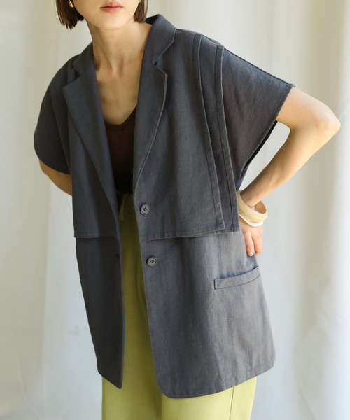 select MOCA(セレクトモカ)の「2021 SS リネンフレンチスリーブデザインジャケット(その他アウター・レディース・グレー/アイボリー/ブルーグリーン・FREE)」の3枚目の写真