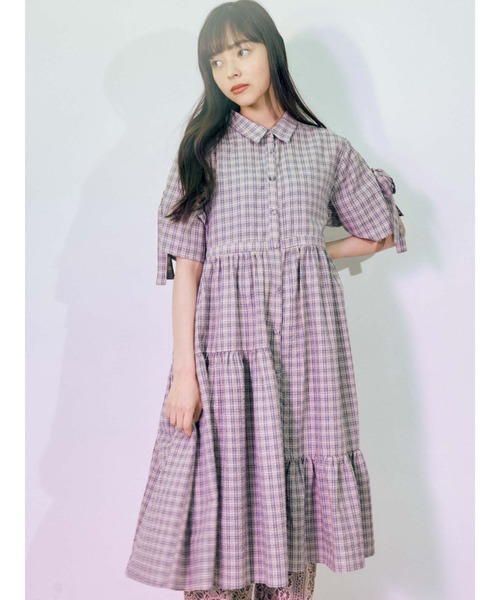 merry jenny（メリージェニー）の「スリーブリボンアシメチェックワンピース（ワンピース・レディース・ピンク/ブルー/ネイビー・FREE）」の5枚目の写真