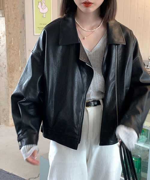 aimoha（アイモハ）の「フェイクレザージャケット（ライダースジャケット・レディース・ブラック/ベージュ・FREE）」の8枚目の写真