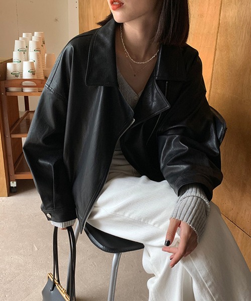 aimoha（アイモハ）の「フェイクレザージャケット（ライダースジャケット・レディース・ブラック/ベージュ・FREE）」の9枚目の写真