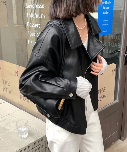 aimoha（アイモハ）の「フェイクレザージャケット（ライダースジャケット・レディース・ブラック/ベージュ・FREE）」の12枚目の写真