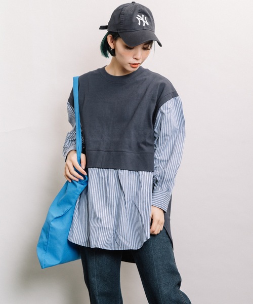 refinedworks（リファインドワークス）の「布帛ドッキングTN（Tシャツ/カットソー・レディース・ネイビー/オフホワイト/モカ・FREE）」の3枚目の写真