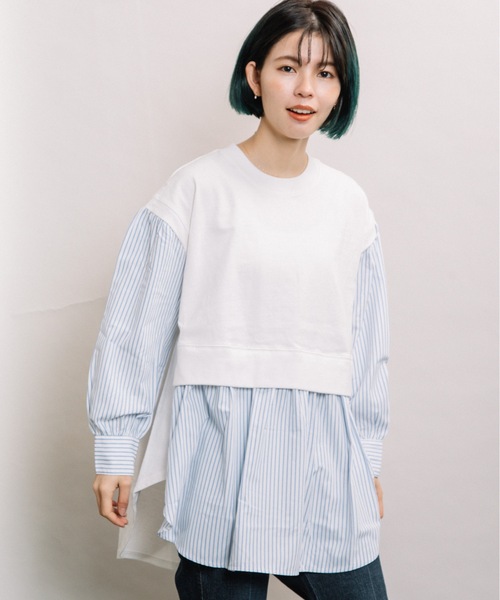 refinedworks（リファインドワークス）の「布帛ドッキングTN（Tシャツ/カットソー・レディース・ネイビー/オフホワイト/モカ・FREE）」の2枚目の写真