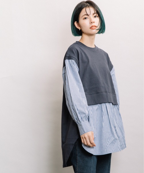 refinedworks（リファインドワークス）の「布帛ドッキングTN（Tシャツ/カットソー・レディース・ネイビー/オフホワイト/モカ・FREE）」の7枚目の写真