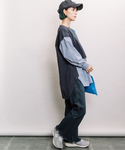 refinedworks（リファインドワークス）の「布帛ドッキングTN（Tシャツ/カットソー・レディース・ネイビー/オフホワイト/モカ・FREE）」の5枚目の写真