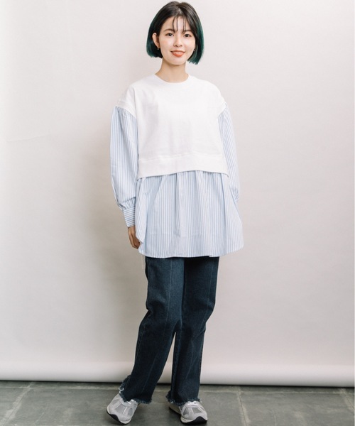 refinedworks（リファインドワークス）の「布帛ドッキングTN（Tシャツ/カットソー・レディース・ネイビー/オフホワイト/モカ・FREE）」の6枚目の写真