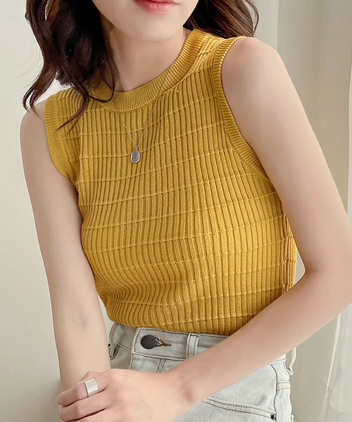 Primazel（プリマゼル）の「クルーネックノースリーブサマーニットトップス（ニット/セーター・レディース・ホワイト/マスタード/ブラック/グリーン・M）」の5枚目の写真