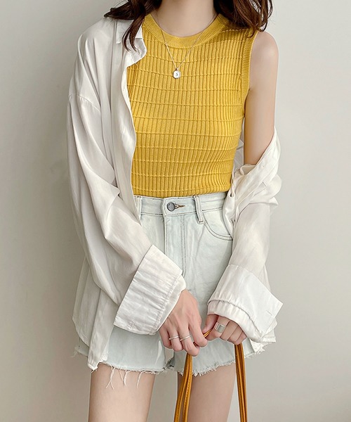 Primazel（プリマゼル）の「クルーネックノースリーブサマーニットトップス（ニット/セーター・レディース・ホワイト/マスタード/ブラック/グリーン・M）」の6枚目の写真