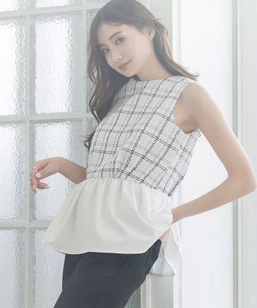 Julia Boutique（ジュリアブティック）の「異素材ペプラムトップス/22110（Tシャツ/カットソー・レディース・ホワイト/ブラック・ONE）」の6枚目の写真