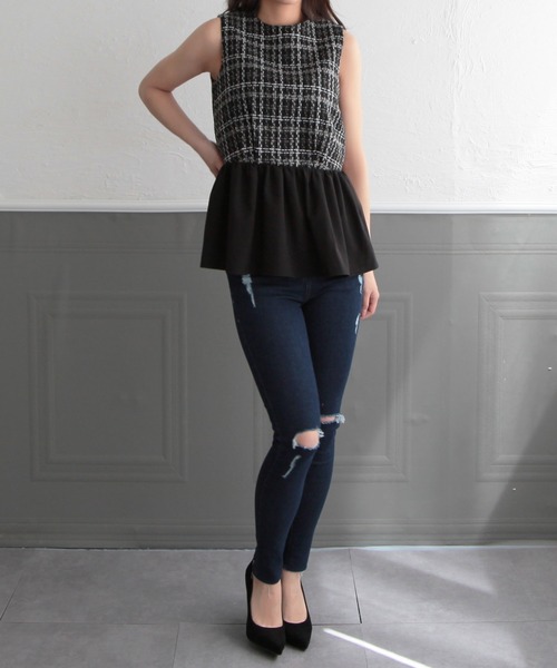 Julia Boutique（ジュリアブティック）の「異素材ペプラムトップス/22110（Tシャツ/カットソー・レディース・ホワイト/ブラック・ONE）」の9枚目の写真