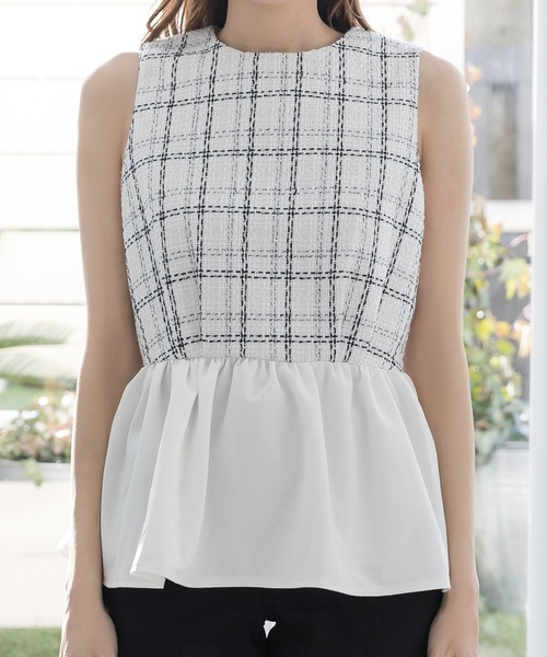 Julia Boutique（ジュリアブティック）の「異素材ペプラムトップス/22110（Tシャツ/カットソー・レディース・ホワイト/ブラック・ONE）」の11枚目の写真