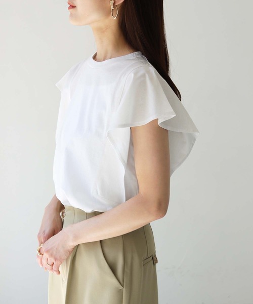 HER CLOSET（ハークローゼット）の「【TWENTY THREE】シルケットフレンチフレアスリーブカットソーブラウスTシャツ（Tシャツ/カットソー・レディース・ブラック/オフホワイト/ブルー/グリーン/グレイッシュベージュ・FREE）」の7枚目の写真