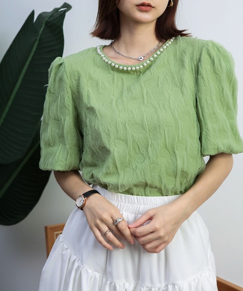 MAISON DE THERESE（メゾン ド テレーズ）の「バブルスリーブ半袖ブラウス（シャツ/ブラウス・レディース・ホワイト/ブラック/グリーン/アイボリー・M）」の4枚目の写真