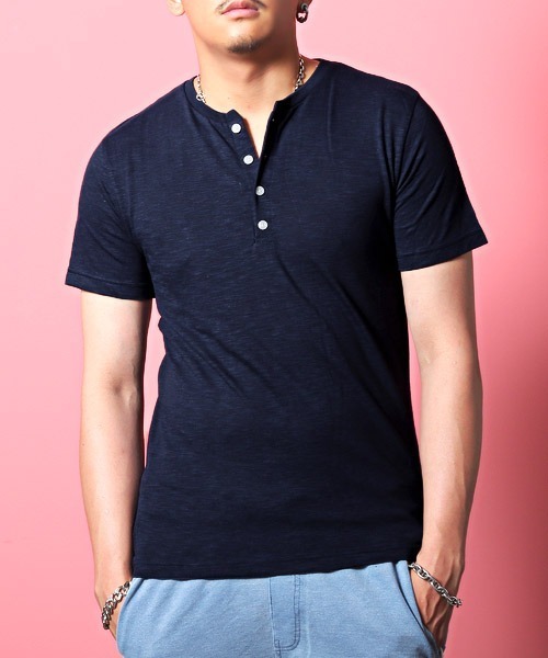 LUXSTYLE(ラグスタイル)の「スラブ天竺ヘンリーネック半袖Tシャツ(Tシャツ/カットソー・メンズ・ホワイト/ブラック/ネイビー/グレー/ライトピンク・M/L/XL)」の4枚目の写真