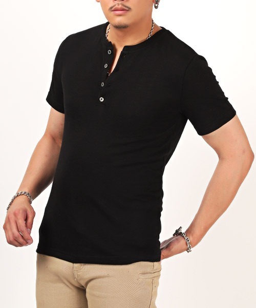 LUXSTYLE(ラグスタイル)の「スラブ天竺ヘンリーネック半袖Tシャツ(Tシャツ/カットソー・メンズ・ホワイト/ブラック/ネイビー/グレー/ライトピンク・M/L/XL)」の3枚目の写真