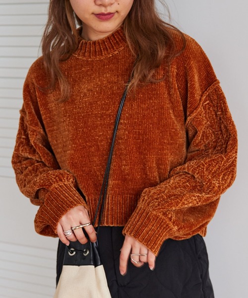 RAGEBLUE（レイジブルー）の「ボリュームスリーブモールショートニット（ニット/セーター・レディース・ブラウン/ブルー/グリーン/ネイビー/オフホワイト・FREE）」の3枚目の写真