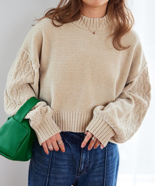 RAGEBLUE（レイジブルー）の「ボリュームスリーブモールショートニット（ニット/セーター・レディース・ブラウン/ブルー/グリーン/ネイビー/オフホワイト・FREE）」の2枚目の写真