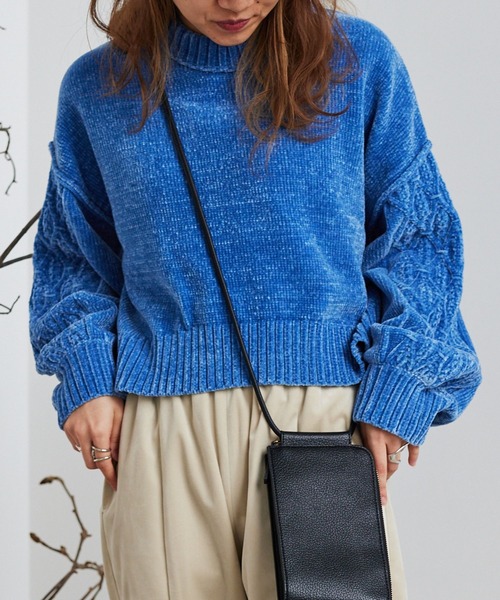 RAGEBLUE（レイジブルー）の「ボリュームスリーブモールショートニット（ニット/セーター・レディース・ブラウン/ブルー/グリーン/ネイビー/オフホワイト・FREE）」の5枚目の写真
