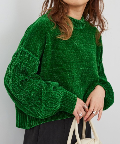 RAGEBLUE（レイジブルー）の「ボリュームスリーブモールショートニット（ニット/セーター・レディース・ブラウン/ブルー/グリーン/ネイビー/オフホワイト・FREE）」の13枚目の写真