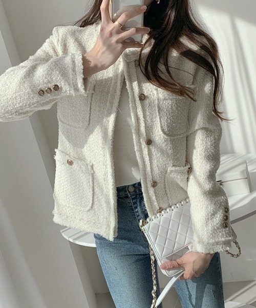 DAY CLOSET（デイ クローゼット）の「レディース ツイード風バックスリットノーカラージャケット（ノーカラージャケット・レディース・オフホワイト・S/M）」の2枚目の写真