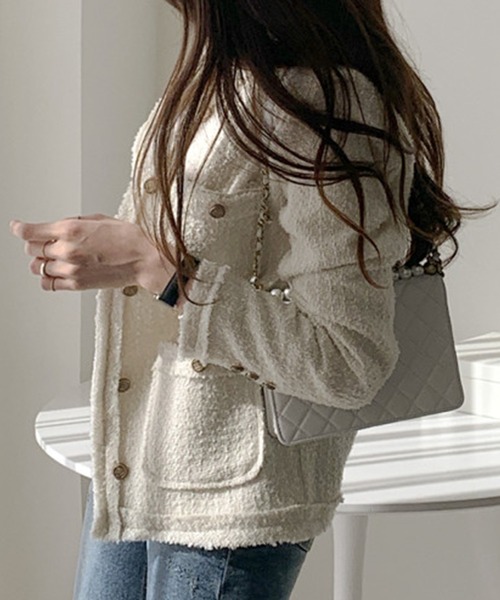 DAY CLOSET（デイ クローゼット）の「レディース ツイード風バックスリットノーカラージャケット（ノーカラージャケット・レディース・オフホワイト・S/M）」の3枚目の写真