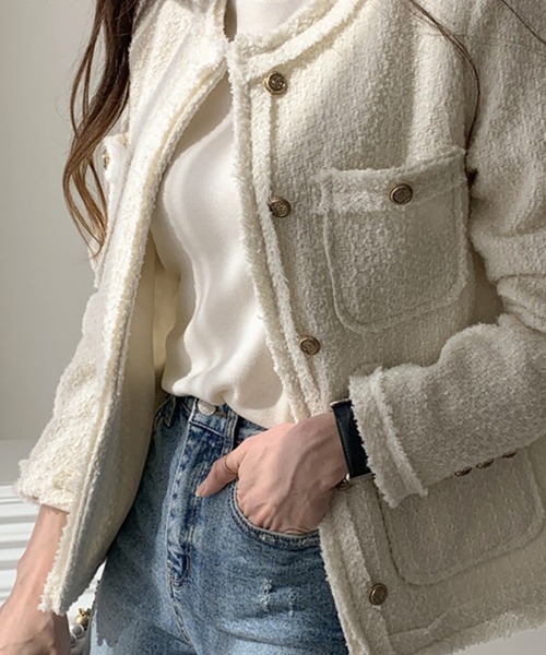 DAY CLOSET（デイ クローゼット）の「レディース ツイード風バックスリットノーカラージャケット（ノーカラージャケット・レディース・オフホワイト・S/M）」の8枚目の写真